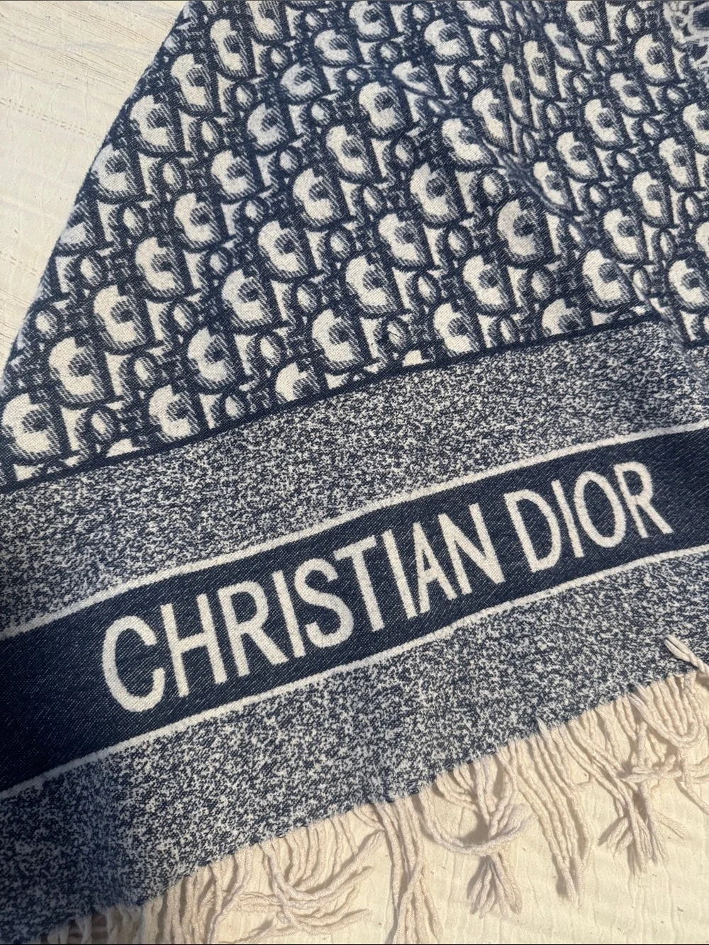Dior Navy & Cream Logo Fringe Shawl